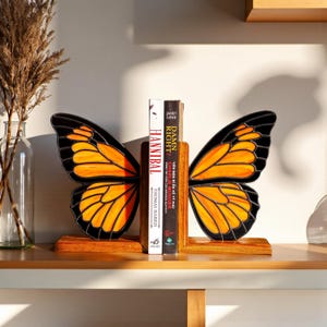 Monarch Butterfly Stained Glass Bookends – Unique Gift for Book Lover, Handmade Glass Decor, Butterfly Bookend Set