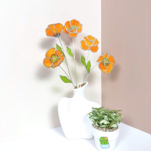 Stained Glass California Poppy Set - Orange Wildflower Stems, Everlasting Floral Decor, Window Suncatcher