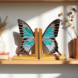 Butterfly Stained Glass Bookends - Ulysses Blue Butterfly Book Holder, Library Decor, Book Lover Gift