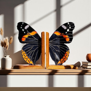 Stained Glass Butterfly Bookends – Red Admiral | Handmade Glass Butterfly Decor | Unique Gift for Book Lovers