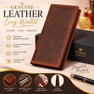 Genuine Leather Long Wallet, Slim Bifold, Personalized Custom Engraved Gift