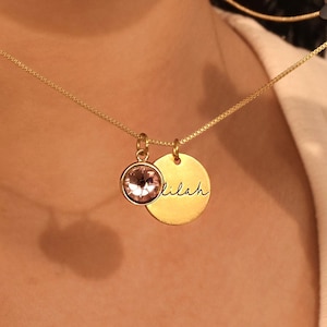 Engraved Name Necklace with Birthstone, Personalized Disc Name Necklace, Handmade Jewelry, Birthday Gift,Silver Disc Letter Pendant Necklace