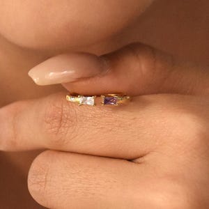 Duo Baguette Birthstone Ring, Adjustable Gemstone Ring, Dainty Birthstone Ring, Handmade Jewelry, Personalized Ring, Best Friend Gift