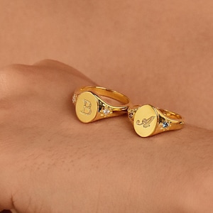 Birthstone Initial Signet Ring, Statement Gemstone Ring with Engraved Letter, Gold Ring, Dainty Ring, Meaningful Gift For Her, Birthday Gift