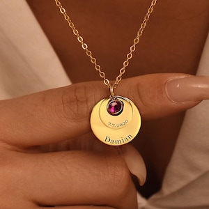 Birthstone Disc Name Necklace, Minimalist Dainty Customized Hand Stamped Gold Letter Coin Disc, Engraved Necklace, Birthstone Charm Jewelry