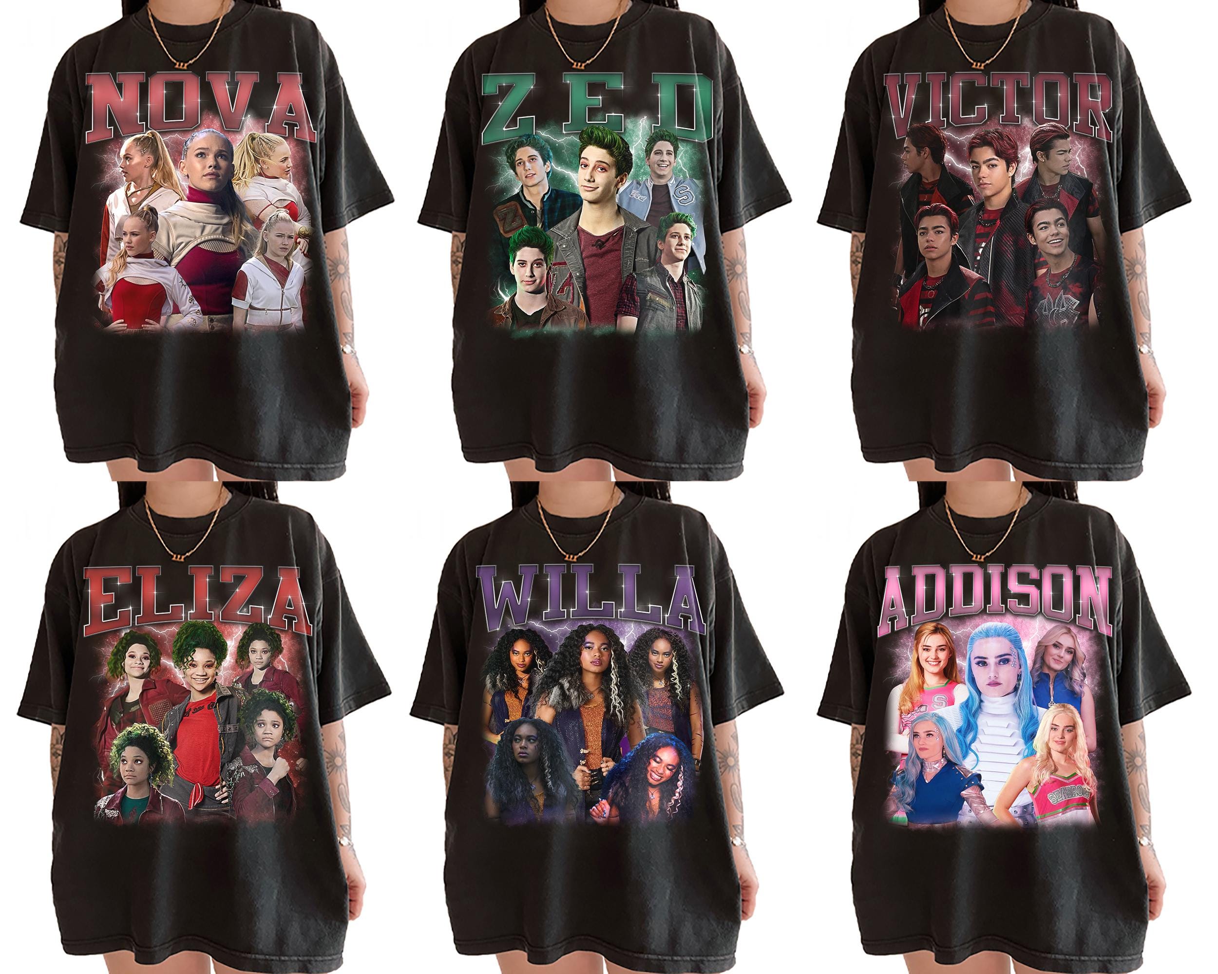 Custom Disney Zombies 4 Character Shirt, Addison Eliza Nova Victor Willa Zed Tee, Vintage Zombies Bootleg T-shirt, Disney Channel Tee