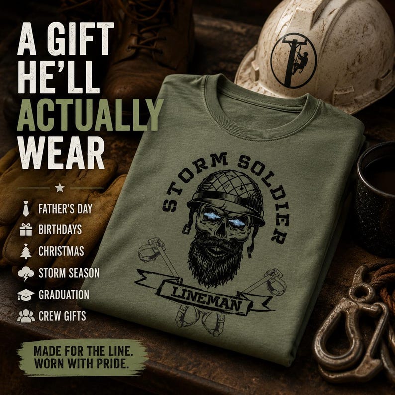 Op de afbeelding: Een olijfgroen t-shirt met een afbeelding van een bebaarde schedel met een helm en de tekst STORM SOLDIER LINEMAN. Het shirt bevat de tekst A GIFT HE'LL ACTUALLY WEAR, FATHER'S DAY, BIRTHDAYS, CHRISTMAS, STORM SEASON, GRADUATION, CREW GIFTS, MADE FOR THE LINE. WORN WITH PRIDE.