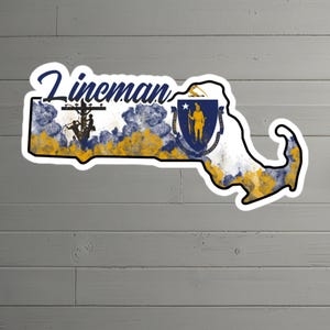 Massachusetts Lineman Vinyl Sticker – Kiss-Cut Sticker for Hard Hats, Vehicles, Gear – Perfect Lineman Gift Idea