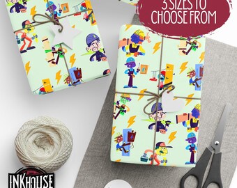 Green Line Kid Wrapping Paper, Cartoon Lineman Gift Wrap, Little Lineman Birthday Paper, Future Lineman Gift Wrap