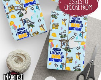 Kids Lineman Birthday Wrapping Paper | Light Blue Lineman Pattern, Kid Birthday Gift Wrap | Matte or Glossy Finish - 30x36, 30x72, 30x180