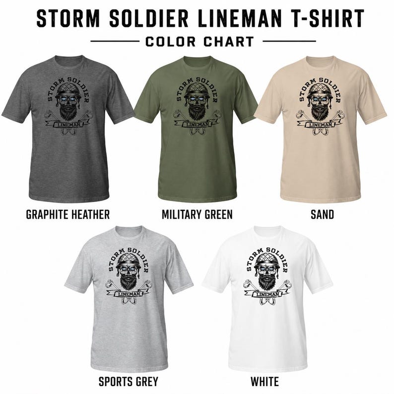 Op de afbeelding: Een kleurenkaart met vijf t-shirts met korte mouwen in grafiet-heather, militair groen, zand, sportgrijs en wit. Elk shirt toont een zwarte afbeelding van een bebaard figuur met een helm en de tekst STORM SOLDIER LINEMAN.