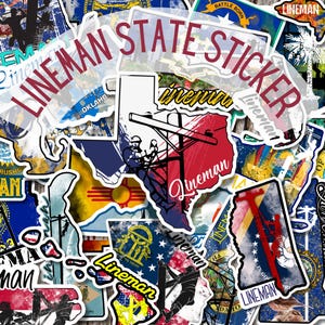 以下が含まれることがあります： 州の輪郭と「Lineman」の文字が特徴の、カラフルなステッカーのコレクション。ステッカーは、さまざまな州の旗と職業に関連する画像を表示し、上部に「Lineman State Sticker」というテキストがあります。