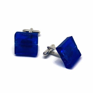 Large Murano glass square cufflinks, handmade glass cuff links, silver foil funky mens gift, ladies cufflinks, cobalt blue jewellery