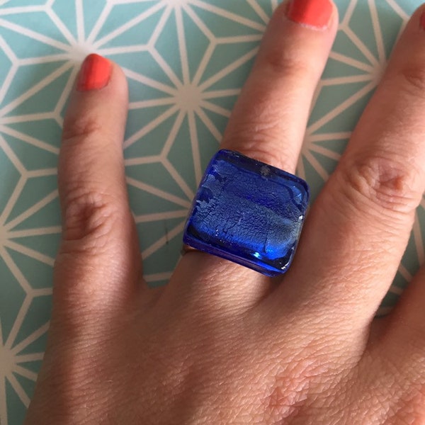 Chunky glass ring - square glass ring, handmade adjustable murano glass jewellery chunky statement womens gift