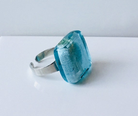 Large blue chunky murano glass ring statement sky blue ring