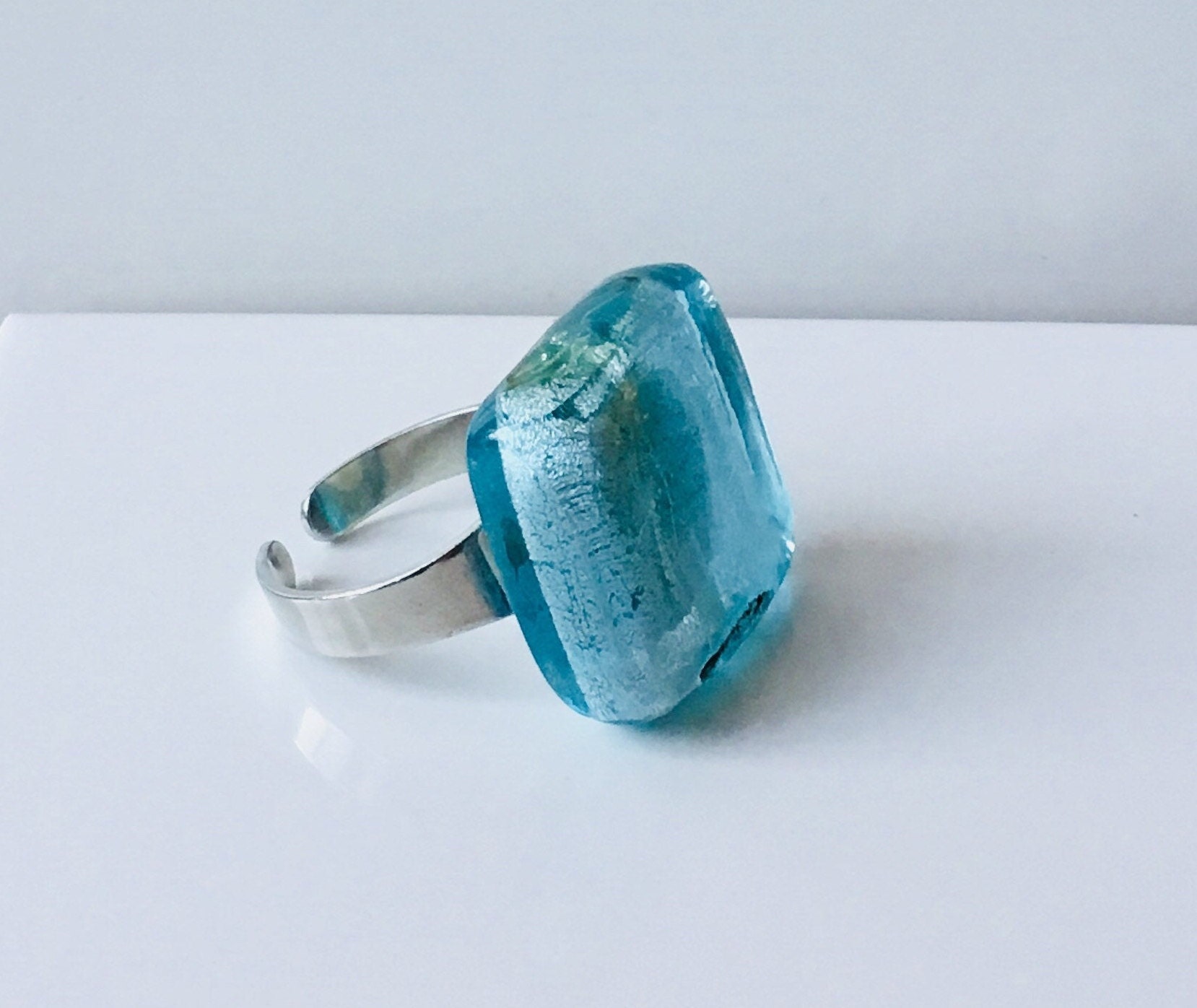 Handmade Silver Twisted Wire Ring with a large Blue Glass Stone