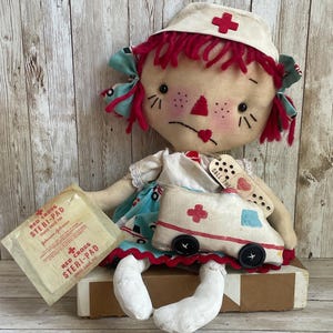 Handmade Raggedy Ann Nurse Doll: Vintage Red Cross Steri-pad, Ambulance