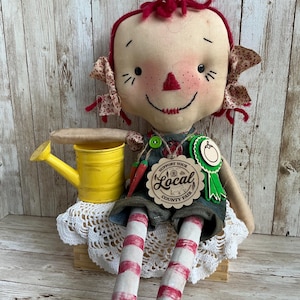 Handmade Raggedy Ann Doll: Primitive Garden Decor with Watering Can