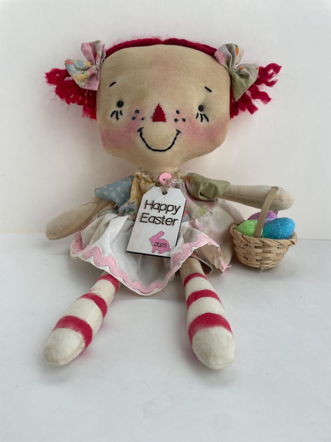 HANDMADE Primitive Whimsical Easter Annie Rag Doll With Basket of Eggs ...