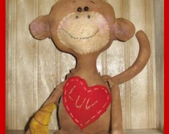 FTFD 22 - Prim Monkey Love  - Valentine's Day - Primitive Old Rag Doll e-pattern