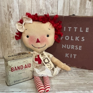Handmade Primitive Raggedy Ann Nurse Doll: Vintage Band-Aid Tin, Folk Art