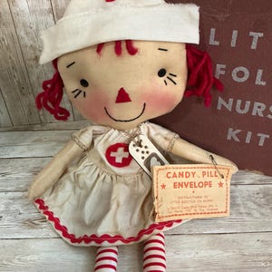 Handmade Primitive Raggedy Ann Nurse Doll: Folk Art Candy Doll