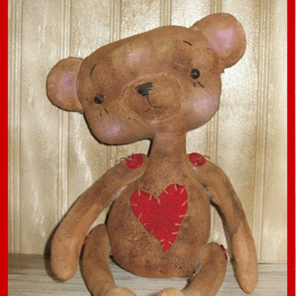 FTFD 21 - Prim Old Teeny Teddy  - Love Valentine's Day Bear  - Primitive Rag Doll e-pattern