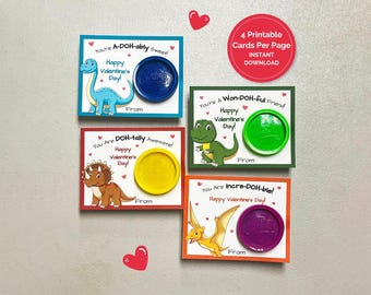 Valentine Dino, Play Dough Dinosaur Valentine Cards, Printable Play Dough Valentine, Classroom Valentines Day Card, Candy Free Valentine