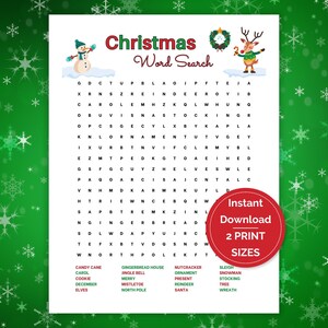 Christmas Word Search, Christmas Printable Word Search, Word Search Game, Christmas Party Game, Printable Xmas Word Search