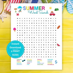 Summer Word Search Puzzle, Printable Summer Themed Word Games, Summer Season Party Game, Word Search Puzzles for Kids Teens Adults & Seniors