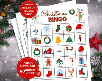 May include: A printable Christmas Bingo card with 5x5 squares featuring various Christmas-themed images, including a snowman, a snowflake, a green stocking, a decorated ornament, Santa's hat, presents, a bell wreath, a bell, a Christmas tree, a nutcracker, a bow wreath, Santa's sleigh, a Rudolph headband, a mitten, a gingerbread man, mistletoe, a candy cane, a blue present, a snowflake ornament, a red stocking, a forest snowglobe, Rudolph, and holly. The card also includes the text "Christmas Bingo" and "Free".