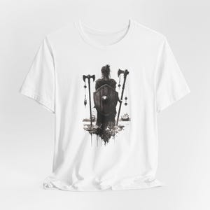 Short sleeve T-shirt featuring a Viking warrior design with intricate Norse patterns, perfect for lovers of ancient Nordic cultu
