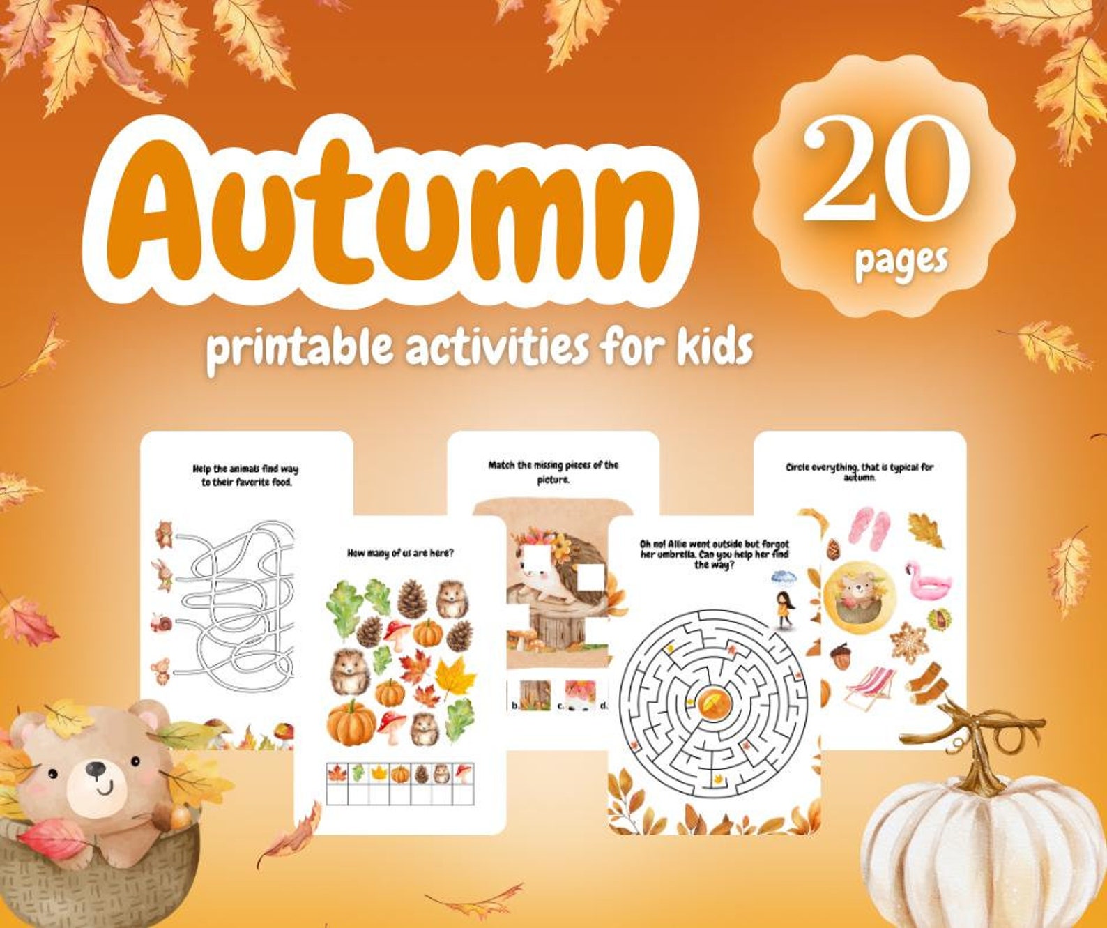 Autumn Printable Activities for Kids, 20 Pages Work Sheets, Preschool ...