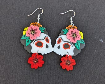 Frida Skull Earrings with Dangling Flower