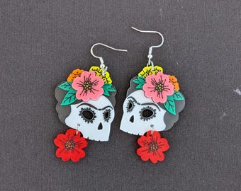 Frida Skull Earrings with Dangling Flower (Cutout Eyes)