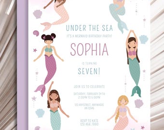 May include: Pink invitation with a mermaid theme for a birthday party. The invitation says "Under the Sea It's a Mermaid Birthday Party! Sophia is turning Seven!" and includes details for the party, including the date, time, and location. The invitation is decorated with illustrations of mermaids with different colored tails.