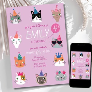May include: Pink birthday invitation with a cat theme. The invitation says "Are you kitten me? Emily is turning 4. Join us to celebrate January 04 at 2PM. 123 Anystreet, Anywhere AN 12345. RSVP by 01/01 to 123-456-7890."