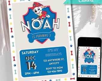 Marshall Paw Kids Birthday Invitation, Marshall Birthday Invitation, Patrol Birthday Invitation, Paw Party, Editable Birthday Invite