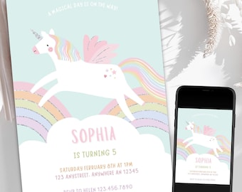 May include: A light blue invitation with a white unicorn with rainbow wings and a rainbow behind it. The text on the invitation says "A magical day is on the way!" and "Sophia is turning 5". The invitation also includes the date, time, and location of the party.