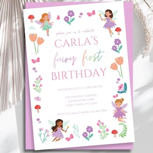 Convite de Aniversário de Fada para o Primeiro Aniversário, Convite Editável de Fada Encantada, Convite de Aniversário para Menina com Tema de Floresta Mágica para Imprimir, Modelo de Convite