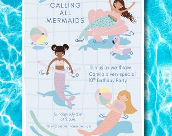 May include: A mermaid-themed birthday party invitation with the text "CALLING ALL MERMAIDS." The invitation features illustrations of mermaids, a flamingo, and a beach ball. The party is for Camila's 10th birthday on July 21st at 2 p.m.