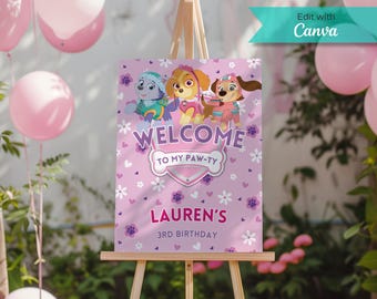 May include: Pink welcome sign with a paw print design and the text "Welcome to my Paw-ty Lauren's 3rd Birthday". The sign features three cartoon characters from the Paw Patrol TV show.