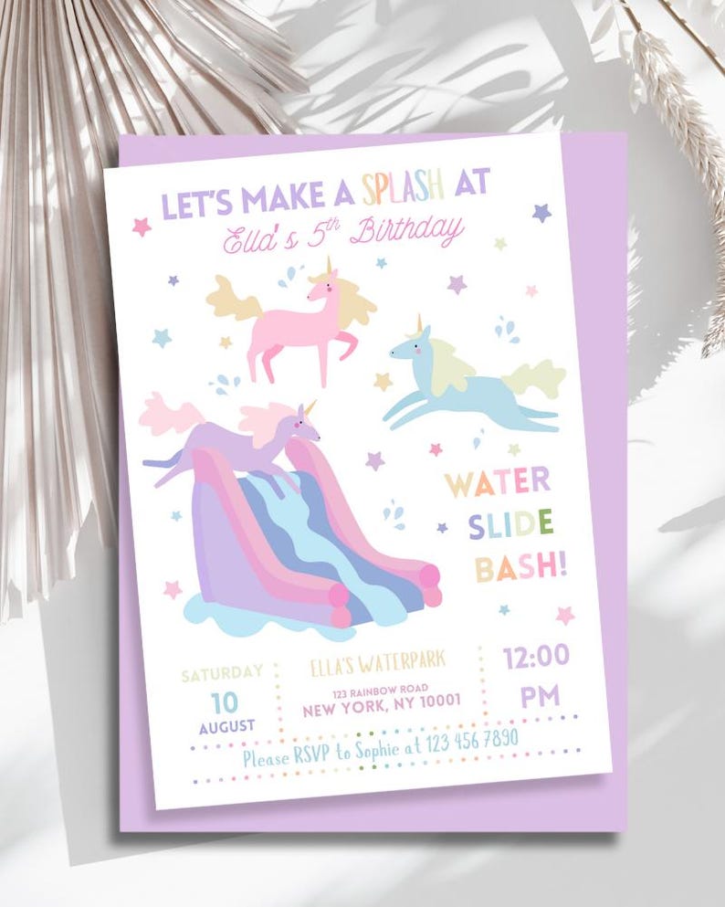 Unicorn Pool Party Invite, Unicorn Waterslide Birthday Invitation ...