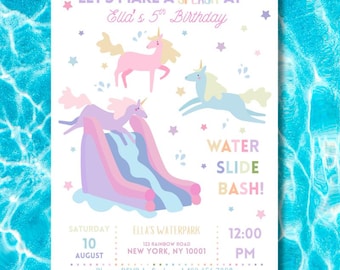 May include: A white invitation with a water slide and unicorn theme. The text reads "Let's Make a Splash at Ella's 5th Birthday" and "Water Slide Bash!" Includes date, time, and RSVP information.