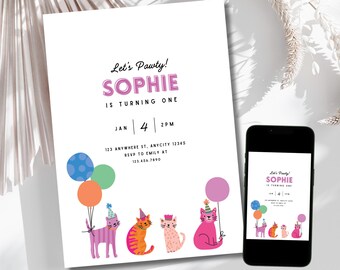 Kitty Cat Birthday Invitation Template: Editable Kids Party Invite (Digital Download)