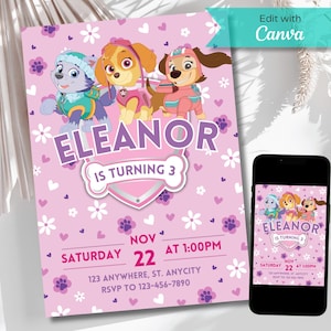 Sky Paw Birthday Invitation, Printable Birthday Party Invitations, Digital Kids Party Invite, Bday Template, Paw Birthday Invitation Girl