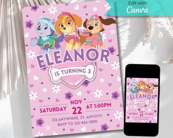 Sky Paw Birthday Invitation, Printable Birthday Party Invitations, Digital Kids Party Invite, Bday Template, Paw Birthday Invitation Girl