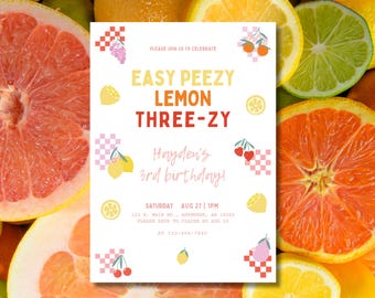 Lemon Birthday Invitation Easy Peasy Lemon Three-zy Lemonade Birthday Party Lemon 3rd bithday Invite Lemon Party Invite Sweet to be Three