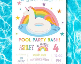 May include: A white invitation card with a unicorn floatie in a pool, rainbow, and text "SPLISH SPLASH" and "POOL PARTY BASH!" for Ashley's 4th birthday. Includes date, time, and RSVP information.
