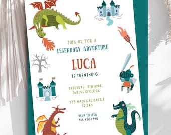 Editable Knights and Dragons Birthday Invitation, Dragon and Knight Party Template, Printable Kids Bday Invite, Canva Download